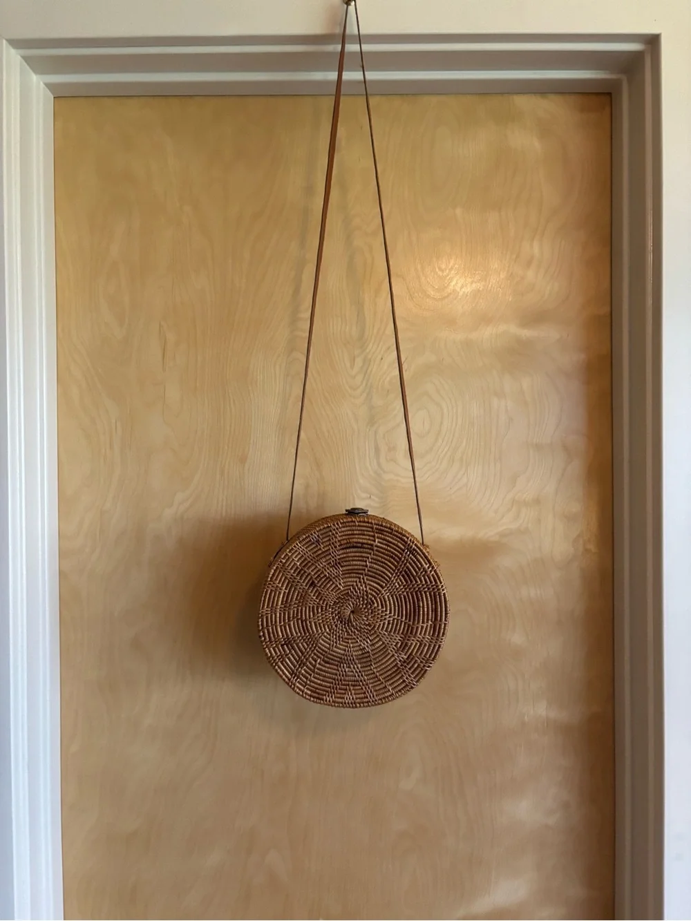 Round Woven Rattan Crossbody Bag - Vegan Leather Strap